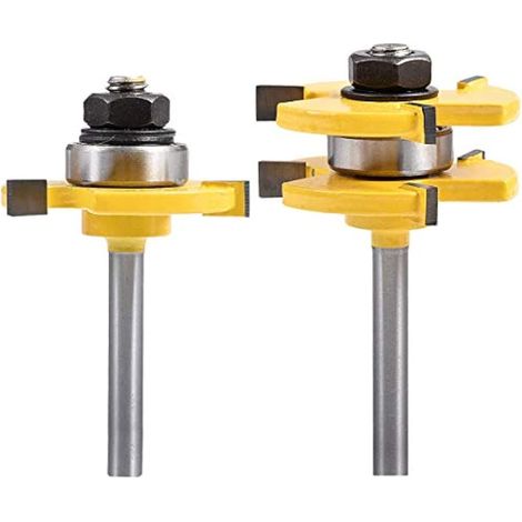 Jeu de 2 Mèches de Toupie pour Languettes et Rainures, Fraise à Bois 3 Dents en Forme de T, Outils pour le Travail du Bois - (Queue de 1/4'', Largeur Dent de 1/4'', Profondeur Dent de 1/2") (1/5)