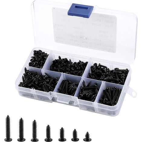 Lot de 500 Vis Autoforeuses M3 Noir, Vis Autotaraudeuse à Tête Ronde pour Métal en Bois Souple,avec Boîte de Plastique (1/4)