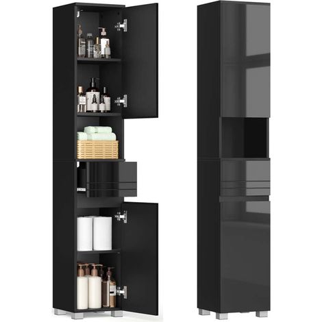 Armoire de salle de bain meuble de rangement colonne avec tiroir étagères réglables compartiments 30 x 30 x 170 cm noir (1/5)