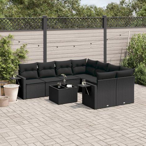 Ensemble Salon Jardin 9 Places Noir Résine Tressée avec Coussins et Table Verre Trempé - Meuble Extérieur Modulaire (1/5)