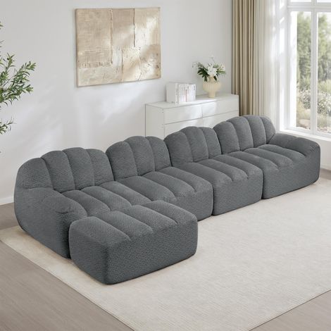 Canapé modulable 4 places avec 1 pouf, forme coquillage, sans armature, en mousse haute densité 32D, assise profonde, idéal pour le salon, tissu doux, gris