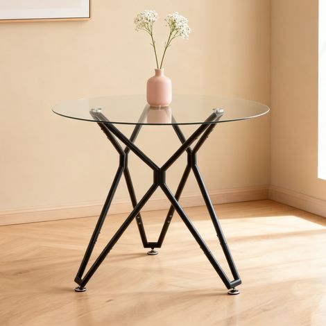 Table ronde en verre trempé 90 cm, table de cuisine compacte pour 1 à 4 personnes, pieds en métal robuste, gain de place, idéale salle à manger et salon, noir (1/5)