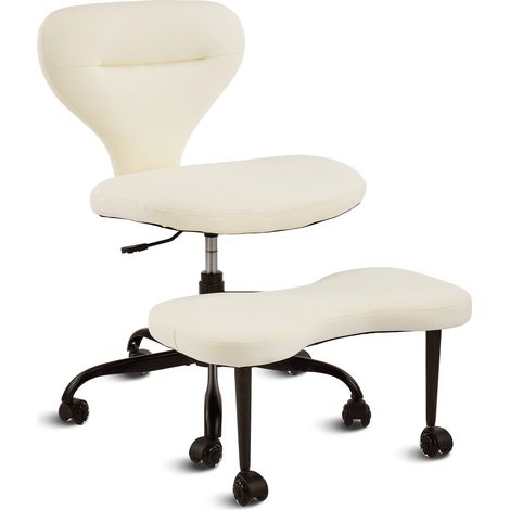 Silla de meditación giratoria 360° regulable en altura con reposapiés retráctil, ruedas silenciosas, cuero - blanco (1/5)