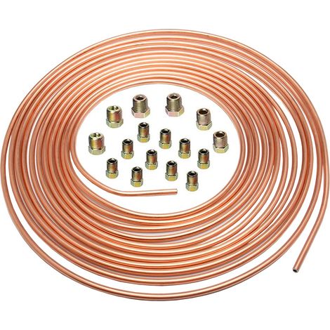 Manguera de freno de cobre de 6,35 mm y 1/4" - Kit de línea de 7,6 m con revestimiento para automóvil - Tubo de combustible para automóvil con 16 tuercas