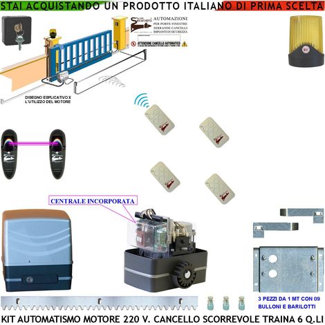 KIT AUTOMATISMO CANCELLO SCORREVOLE DA 3 MT MOTORE 220 V CON CENTRALE TRAINA 6 Q.LI 4 RADIOCOMANDI FARO ANTENNA SELETTORE FOTOCELLULE (1/4)