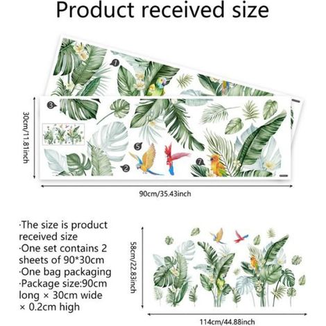 Stickers Muraux - Feuilles de Palmier Vertes Autocollants Muraux - Mural Stickers - Plantes Tropicales Oiseaux Salon Chambre Bureau (1/4)