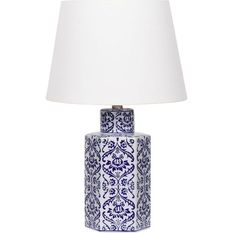 Lampada da tavolo classica con paralume in tessuto di lino base in porcellana bianco e blu 53 cm Marcelin