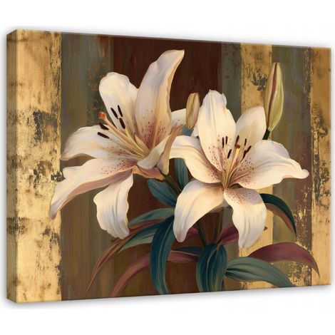 Tableau sur toile aux lys abstraits dans des tons marron – Décoration murale pour salon et chambre –  90 x  60  cm (1/4)