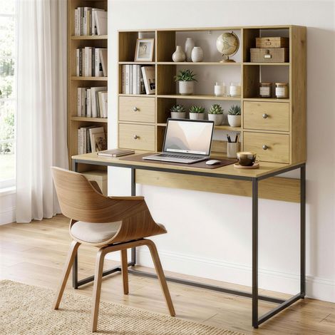 Bureau ordinateur 4 tiroirs, 105x60 cm, poste de travail avec rangement, étagères ouvertes, meuble en bois naturel, 105 x 60 cm (1/5)