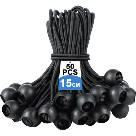 Lot de 50 tendeurs élastiques avec Boule – Tendeur de bâche, Sandow élastique – Boucles Extensibles Noires avec Boule en Plastique pour bâches (1/5)