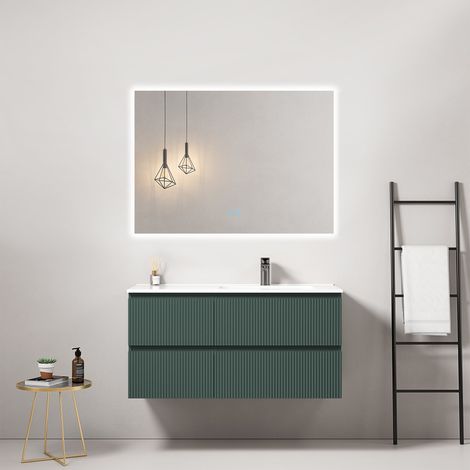 Mobile bagno sospeso cannettato 100 cm Verde Comodoro Lavabo a Destra in Ceramica Specchio Quadro Retroilluminato - Fiji Paint