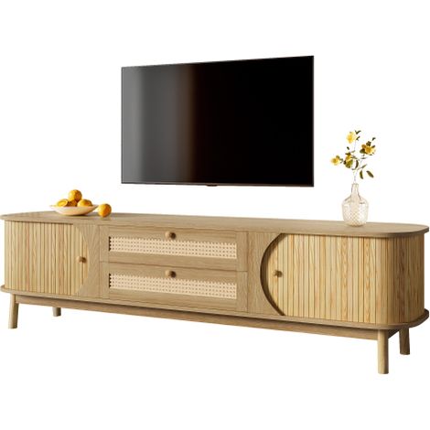 SOGES Meuble TV en bois naturel avec portes et tiroirs. Support TV avec côtés en rotin. Solution de rangement, style champêtre naturel. (1/5)