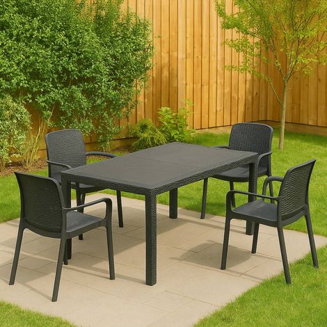 Dmora - Conjunto de salón para exterior Lograto, conjunto para exterior e interior, mesa rectangular fija con 4 sillas, fabricado en Italia, color antracita (1/3)