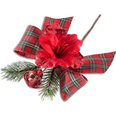 Mazzolini di Natale pick con aghi di pino, fiore rosso, campanella e fiocco a quadri in tessuto scozzese, set da 20 pezzi, cm 8 H (con gambo 13)