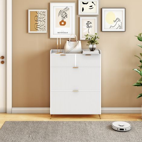 Scarpiera 110 x 80 x 24 cm, 2 cassetti, 2 armadietti con coperchio ribaltabile, gambe in metallo dorato, bianco (1/5)
