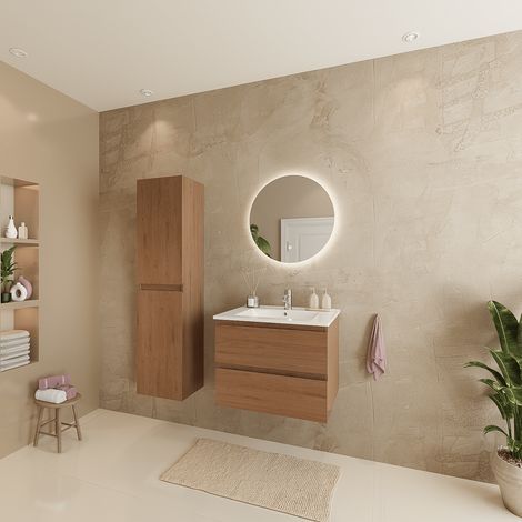 Ensemble Meuble Vasque 60 Cm Avec Colonne - Chêne Chaud - Lavabo (1/5)