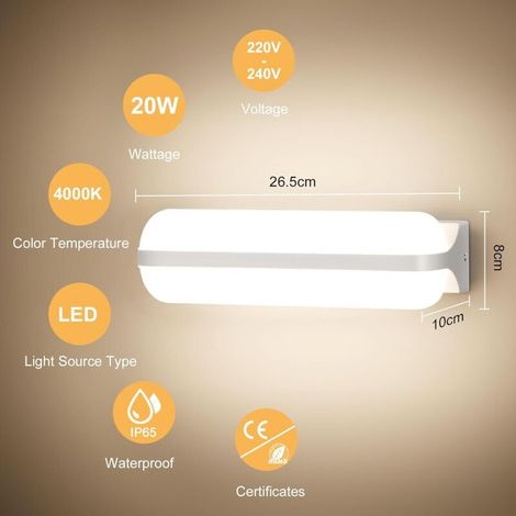Applique da parete a LED da 20 W per interni/esterni, illuminazione verso l'alto e verso il basso, 4000K, impermeabile IP65, adatta per balcone, corridoio, cantina, giardino, bagno. (1/4)