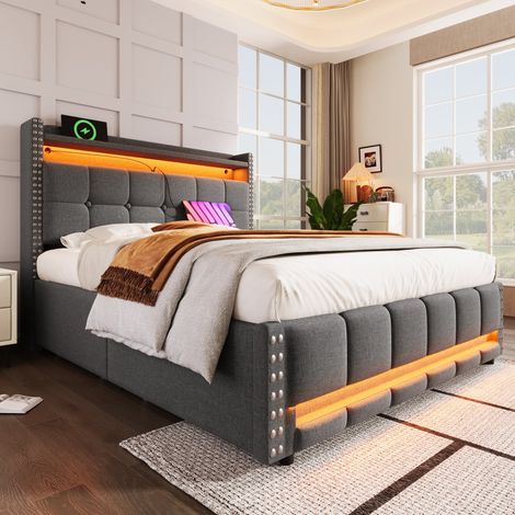 Letto imbottito 140x200 cm, con illuminazione a LED e presa USB, mensola e cassetto con 4 cassetti, grigio (1/5)
