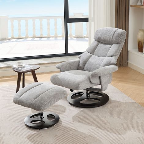 Fauteuil de relaxation — Doté de fonctions massage et chauffage, d'un dossier et d'un repose-pieds à inclinaison réglable, ainsi que d'une base pivotante à 360° — Tissu chenille gris. (1/4)