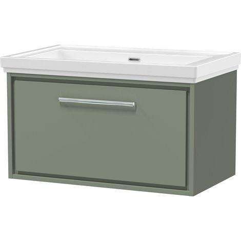 Balterley Longnor Modern Wall Hung Single Drawer Bathroom Vanity with Fireclay Basin, Fern Green, 800mm