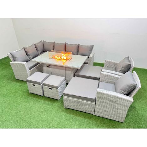 Fimous Outdoor Furniture Garden Dining Set Rattan Corner Sofa Chair Sets Gas Fire Pit Table with Temper Glass Footstools Light Grey Mixed (1/5)