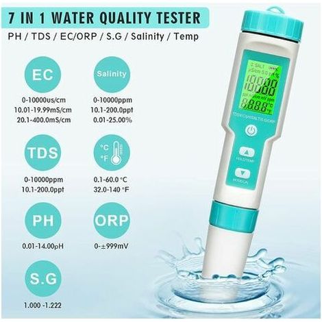 Digital pH Meter, 7 in 1 Ph/TDS/EC/ORP/SG/Salinity/Temperature Meter with ATC, 0.01 Resolution, High Precision Pen Tester, Fo Water Quality Tester with Backlight