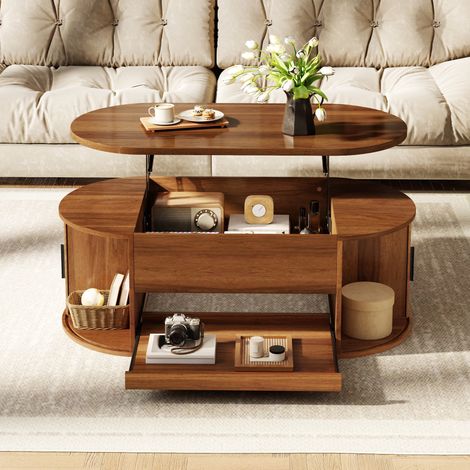 Mesa de centro elevable 110x55x55 cm multifuncional para salón con almacenamiento oculto y puertas correderas de mdf estilo moderno con diseño acanalado - nogal (1/5)