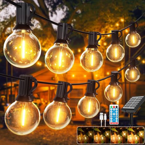 Guirlande lumineuse solaire d'extérieur de 9.5 m, Lampe de jardin rechargeable USB avec télécommande et 25 ampoules LED G40, 8 modes, minuterie, IP44 (1/5)