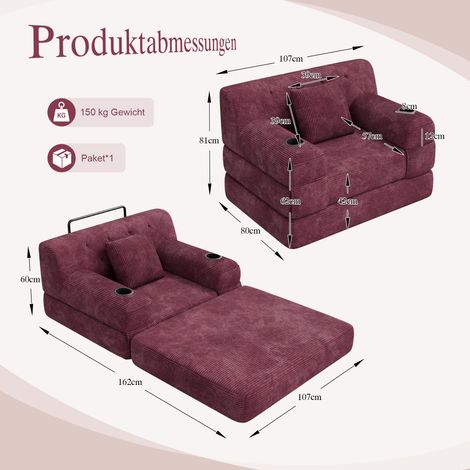 Canapé-lit 1 place en velours côtelé compressé avec dossier haut, structure en métal, mousse haute densité, 2 porte-gobelets et 4 poches latérales, idéal pour les salons et les petits espaces, couleur (1/5)