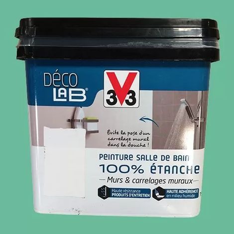 V33 – Peinture salle de bain 100% étanche menthe verte satin 0,75 L – Application sur carrelage et plaques de plâtre – Résistante à l'humidité