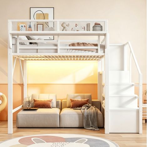Etagenbett 140/200 cm aus Metall in Weiß mit LED, Sicherheitsleiter und flexiblem Stauraum (1/5)