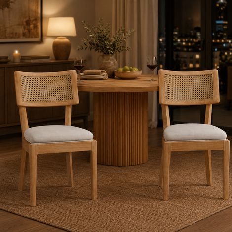Lot de 2 chaises de salle à manger en bois massif avec dossier en cannage de rotin et assise rembourrée en lin,bois naturel et beige (1/5)