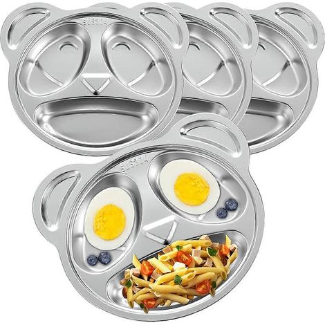 Lot de 4 assiettes compartimentées en métal, 3 sections, style panda