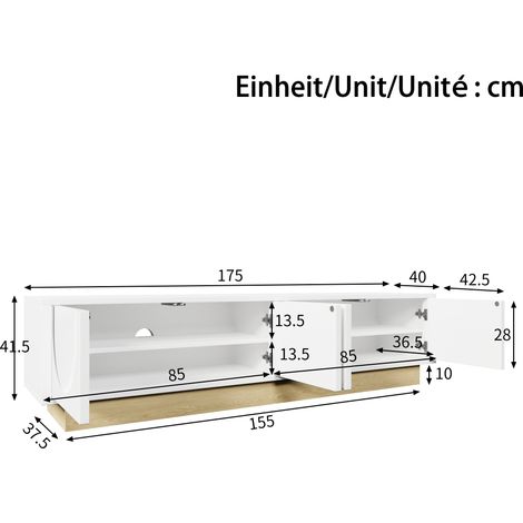 Armoire TV blanche moderne avec grain bois – 175 cm – Design minimaliste en courbe – Espace de rangement suffisant et gestion des câbles(DO) (1/5)