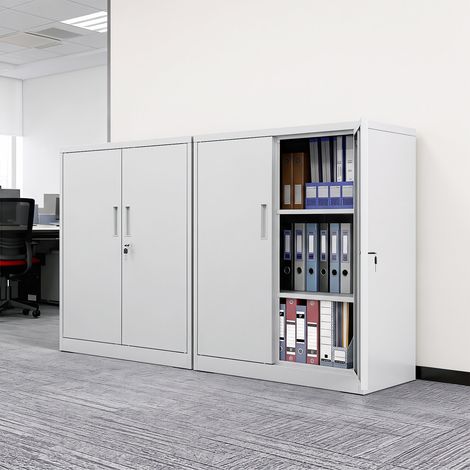 Lockable filing cabinet with double doors and 2 adjustable shelves, metal cabinet, white (1/5)