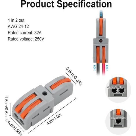Lot de 50 connecteurs à levier pour fils électriques, mini-répartiteur compact 1 entrée/2 sorties, bornier d'accueil, connecteurs électriques à levier, circuit en ligne 24-12 AWG (1/4)