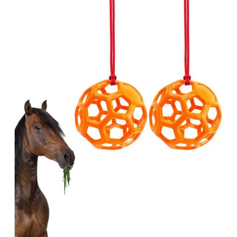 Pallina di fieno/mangime sospesa in 2 pezzi. Contenitore per mangime da appendere per cavalli in stalla. Si muove e dondola, riducendo lo stress per cavalli e capre. (1/5)