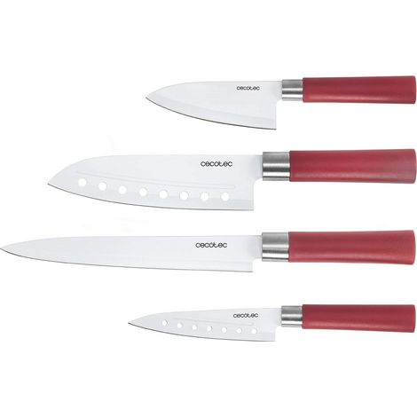 Cecotec Set di 4 coltelli professionali in stile giapponese per uso domestico. Rivestimento in ceramica. Set di coltelli Santoku (rosso) (1/5)