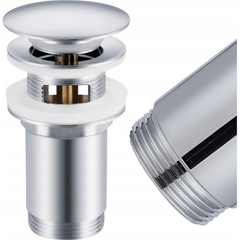 Tapón de lavabo con sistema de clic-clac y rebosadero, largo, alto, metálico, cromado. (1/5)