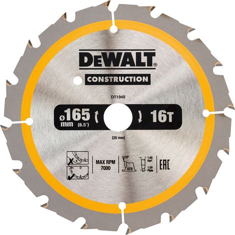 DeWALT DT1948 Cordless Construction Cordless Circular Saw Blade 165 x 20mm x 16T