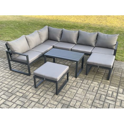 Fimous Aluminum 8 Seater Outdoor Lounge Corner Sofa Set Garden Furniture Sets with Oblong Coffee Table 2 Big Footstool Dark Grey (1/5)