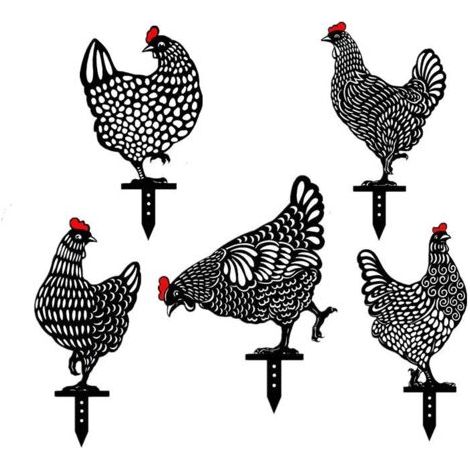 Ensemble de 5 décorations de jardin en forme de poule, poule réaliste, illustration de poulailler, décoration de jardin en carte de poule noire creuse en acrylique simulé, ornement de pelouse extérieu