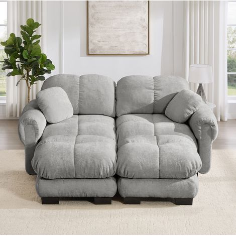 Divano modulare a 2 posti 190x149x90 cm, con seduta trapuntata, in ciniglia, grigio chiaro (1/5)