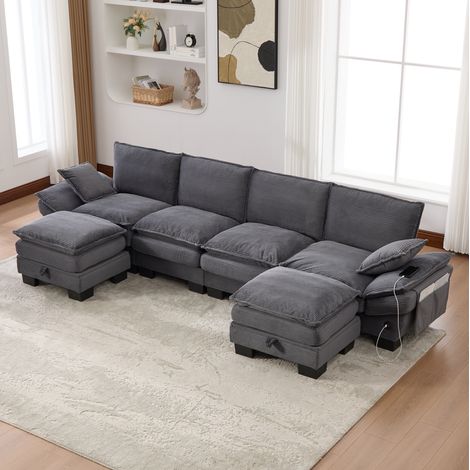 Divano modulare da 4 posti in velluto a coste (panno) grigio scuro con 2 pouf, USB-C e tasche laterali, 330x132x84 cm (1/5)