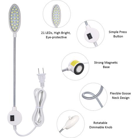 AC110-250V 1W 21LED Lampe légère pour machine à coudre Bouton rotatif Dimmable Luminosité réglable Base fixe Tube pliable flexible Conception à col de cygne pour les tâches ménagères (1/5)