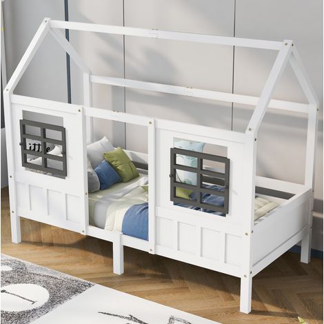 MEUBLIV Lit cabane enfant avec 2 fenêtres en boiset MDF blanc 200 x 90 cm