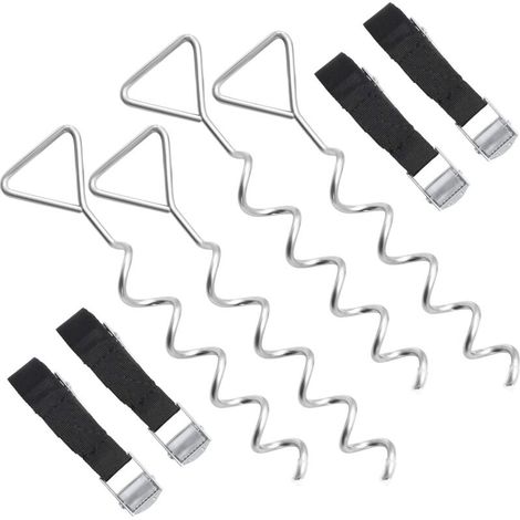 Trampolin-Befestigungsset, 4er-Pack, Bodenanker, Spiral-Erdanker, 4 Heringe und 4 Gurte, Befestigungsmaterial für Schaukeln, Silber und Schwarz