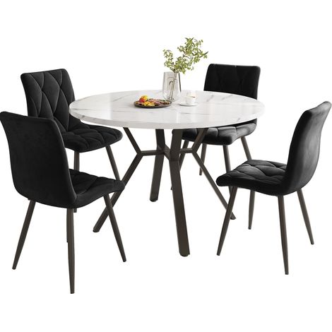 MEUBLIV Ensemble table à manger ronde et 4 chaises noir/blanc, finition marbre, 100x75 cm (1/5)