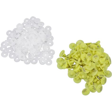 Packung mit 100 Ohrmarken für Nutztiere, leuchtend gelb, aus lichtbeständigem Polypropylen (PP), wiederverwendbar und universell (für Kaninchen). (1/5)