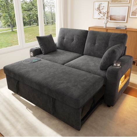 Sofá cama 2 plazas 141,5/131/83,5 cm gris con LED, USB/Type-C y almacenaje (1/5)